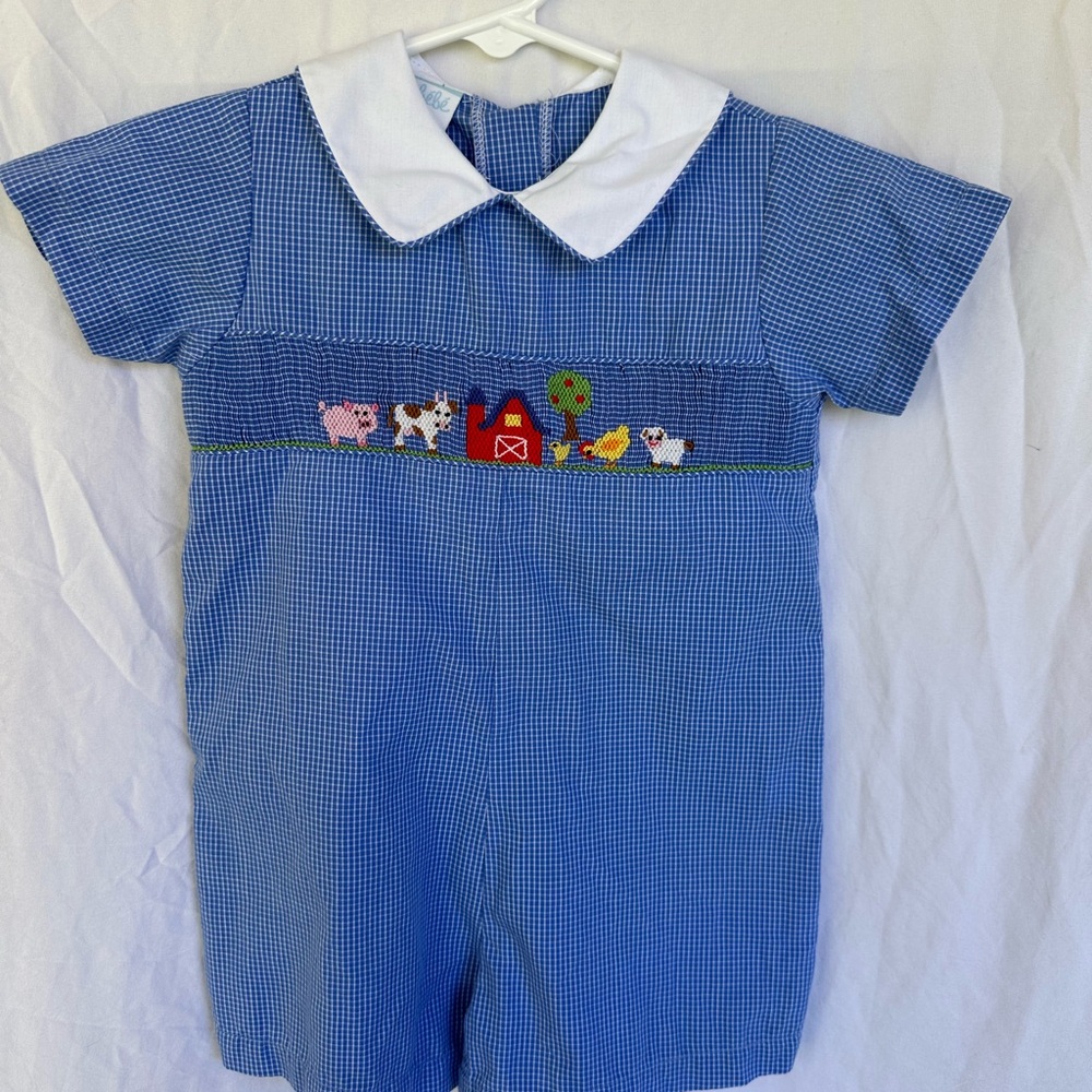 Blue Gingham Farm Animal Smocked Romper